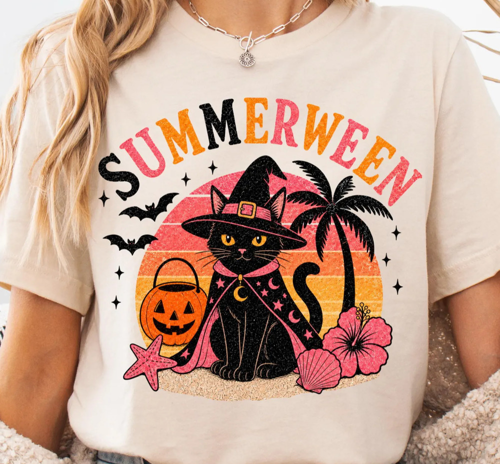 Summerween Cat Shirt, Black Cat Witch Halloween Beach Tee, Spooky Summer Shirt